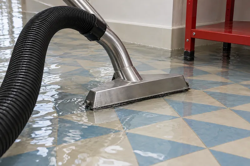Water Extraction in Schertz, TX — extraction head and hose on flooded mosaic flooring