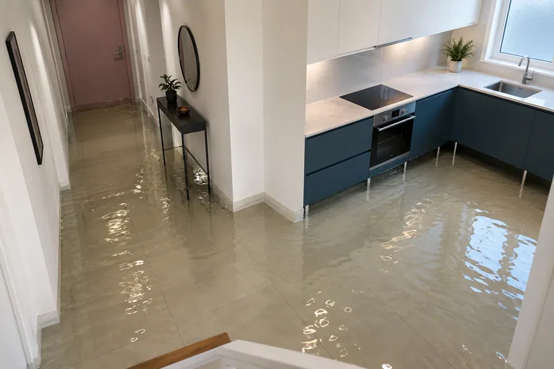 Water Extraction in Schertz, TX — pooled water across a kitchen and hallway